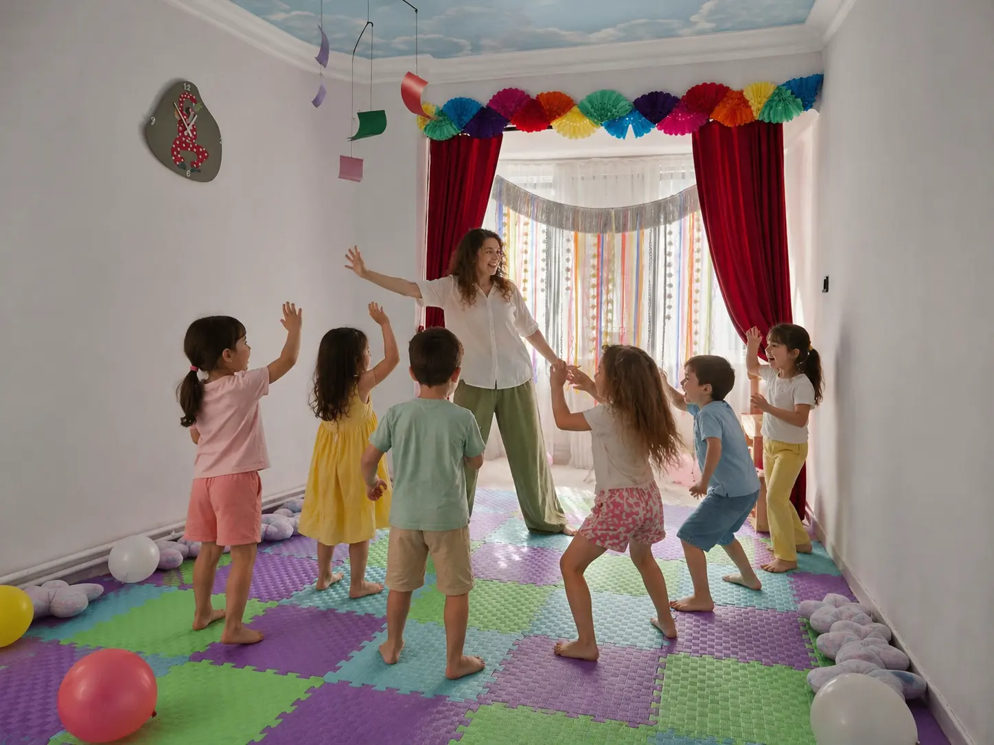 Yaratıcı drama dersinde öğretmenle birlikte hareket oyunu yapan çocuklar